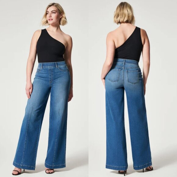 Spanx Jeans Womens 3X Plus Size Elastic Waist Pull On High Rise Wide Leg Stretch - Picture 1 of 9